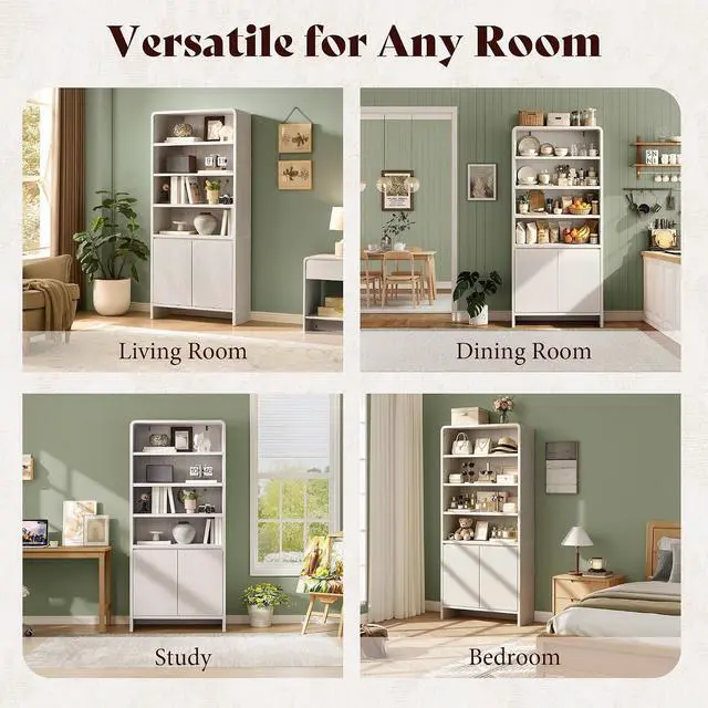 Alt view image 5 of 7 - 71" Modern Bookcase Set of 2 with Storage Cabinets, White | 2 Pieces Bookshelf Set, Storage Cabinets with Adjustable Shelves, Curved Design, Ideal for Living Room, Bedroom, Home Office