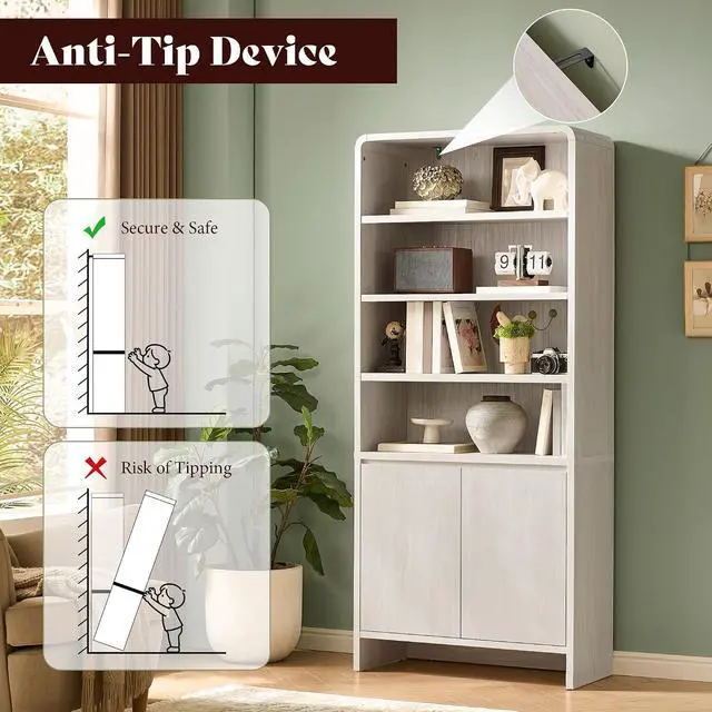 Alt view image 6 of 7 - 71" Modern Bookcase Set of 2 with Storage Cabinets, White | 2 Pieces Bookshelf Set, Storage Cabinets with Adjustable Shelves, Curved Design, Ideal for Living Room, Bedroom, Home Office
