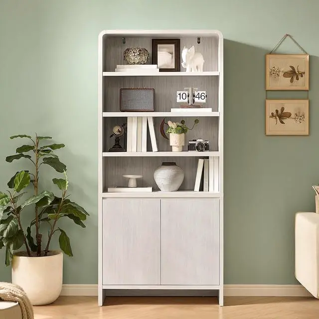 Alt view image 7 of 7 - 71" Modern Bookcase Set of 2 with Storage Cabinets, White | 2 Pieces Bookshelf Set, Storage Cabinets with Adjustable Shelves, Curved Design, Ideal for Living Room, Bedroom, Home Office