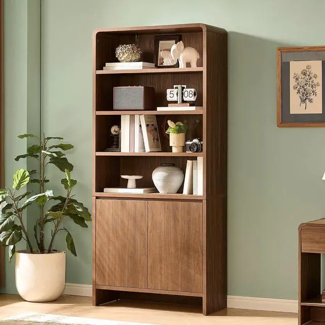 Alt view image 7 of 7 - 71" Modern Bookcase Set of 2 with Storage Cabinets, Brown | 2 Pieces Bookshelf Set, Storage Cabinets with Adjustable Shelves, Curved Design, Ideal for Living Room, Bedroom, Home Office