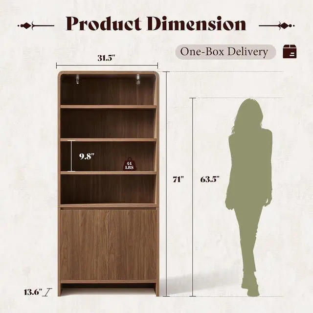 Alt view image 2 of 7 - 71" Modern Bookcase Set of 2 with Storage Cabinets, Brown | 2 Pieces Bookshelf Set, Storage Cabinets with Adjustable Shelves, Curved Design, Ideal for Living Room, Bedroom, Home Office