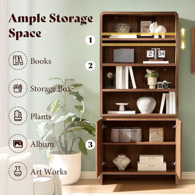 Alt view image 4 of 7 - 71" Modern Bookcase Set of 2 with Storage Cabinets, Brown | 2 Pieces Bookshelf Set, Storage Cabinets with Adjustable Shelves, Curved Design, Ideal for Living Room, Bedroom, Home Office