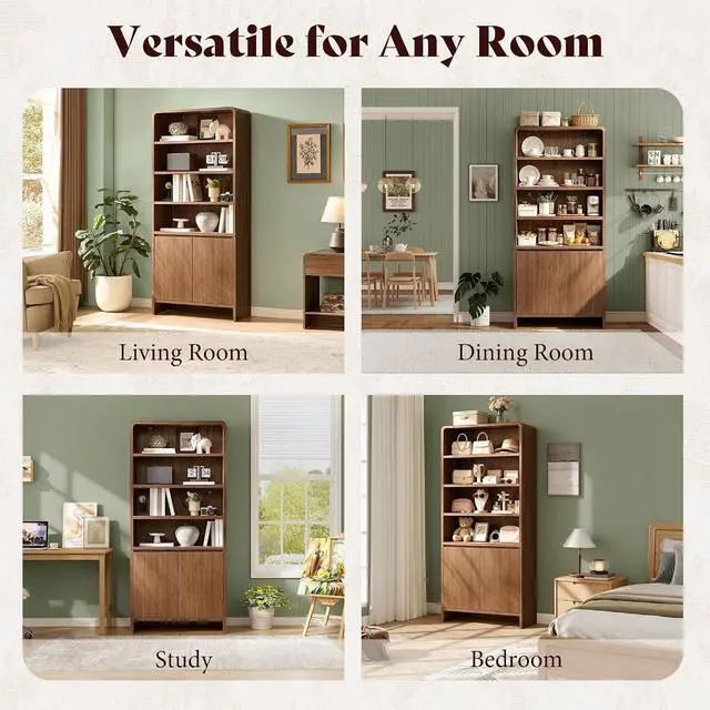 Alt view image 5 of 7 - 71" Modern Bookcase Set of 2 with Storage Cabinets, Brown | 2 Pieces Bookshelf Set, Storage Cabinets with Adjustable Shelves, Curved Design, Ideal for Living Room, Bedroom, Home Office
