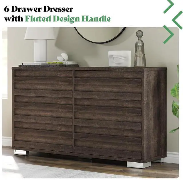 Alt view image 4 of 7 - 5 Pieces Farmhouse Bedroom Sets, King Size Bed Frame with 49" Fluted Headboard, 54" Wide 6 Drawer Dresser, 47 Tall 5 Drawer Dresser, Nightstand Set of 2 with Charging Station, Gray