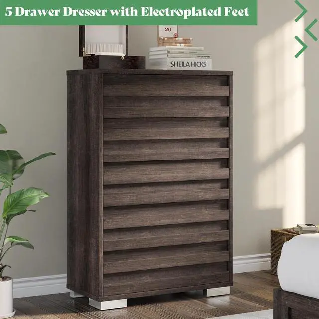 Alt view image 5 of 7 - 5 Pieces Farmhouse Bedroom Sets, King Size Bed Frame with 49" Fluted Headboard, 54" Wide 6 Drawer Dresser, 47 Tall 5 Drawer Dresser, Nightstand Set of 2 with Charging Station, Gray