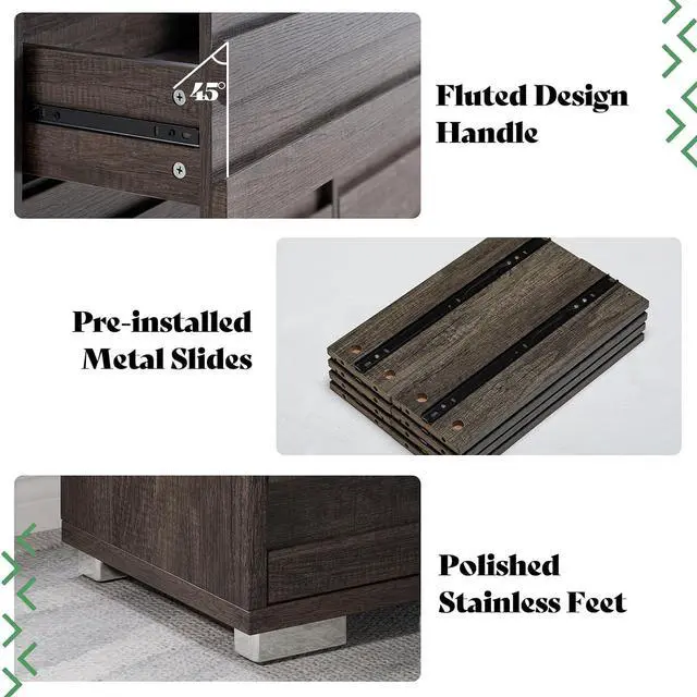 Alt view image 7 of 7 - 5 Pieces Farmhouse Bedroom Sets, Queen Size Bed Frame with 49" Fluted Headboard, 54" Wide 6 Drawer Dresser, 47 Tall 5 Drawer Dresser, Nightstand Set of 2 with Charging Station, Gray