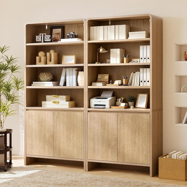 Main image of 71" Modern Bookcase Set of 2 with Storage Cabinets, Nature Oak | 2 Pieces Bookshelf Set, Storage Cabinets with Adjustable Shelves, Curved Design, Ideal for Living Room, Bedroom, Home Office