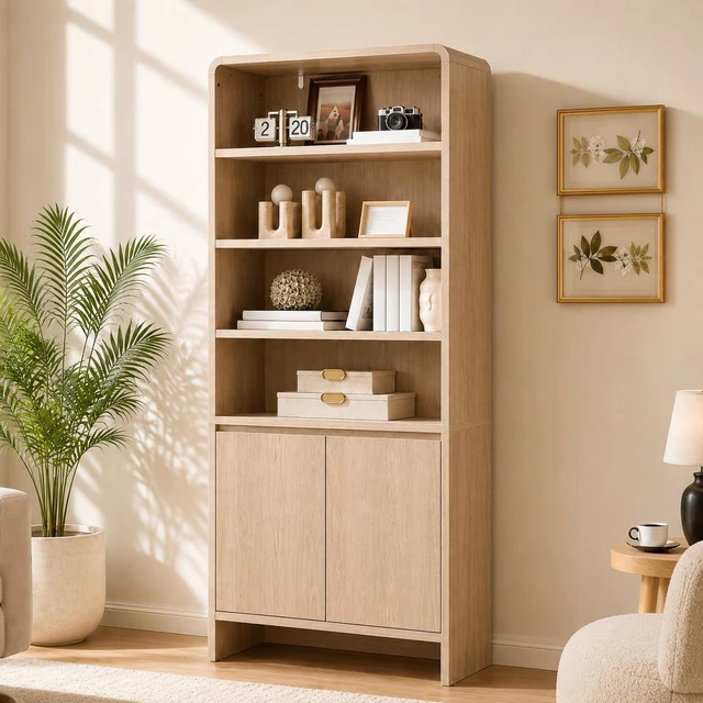 Main image of 71" Modern Wood Bookcase with Storage Cabinets, Nature Oak | 6 Tier Bookshelf, Large Space, Adjustable Shelves, Curved Design, Ideal for Living Room, Bedroom, Home Office, Easy Assembly
