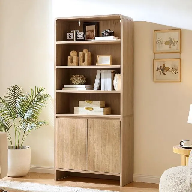 Alt view image 7 of 7 - 71" Modern Bookcase Set of 2 with Storage Cabinets, Nature Oak | 2 Pieces Bookshelf Set, Storage Cabinets with Adjustable Shelves, Curved Design, Ideal for Living Room, Bedroom, Home Office