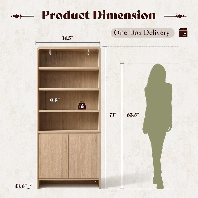 Alt view image 2 of 7 - 71" Modern Bookcase Set of 2 with Storage Cabinets, Nature Oak | 2 Pieces Bookshelf Set, Storage Cabinets with Adjustable Shelves, Curved Design, Ideal for Living Room, Bedroom, Home Office