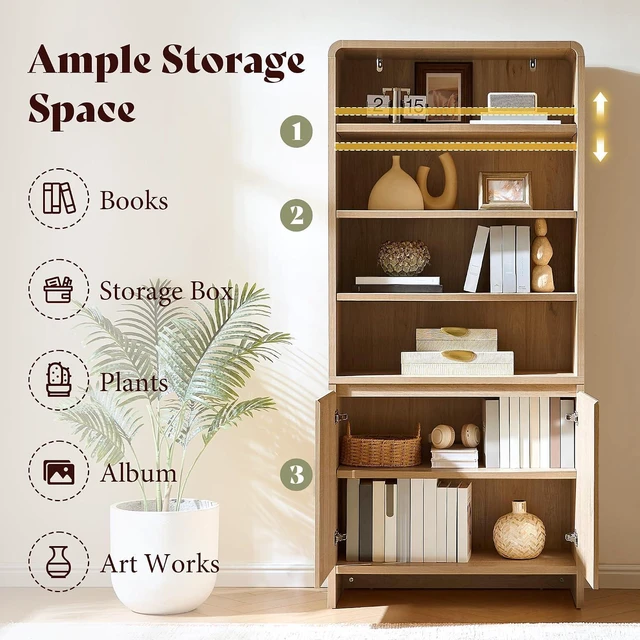 Alt view image 4 of 7 - 71" Modern Bookcase Set of 2 with Storage Cabinets, Nature Oak | 2 Pieces Bookshelf Set, Storage Cabinets with Adjustable Shelves, Curved Design, Ideal for Living Room, Bedroom, Home Office