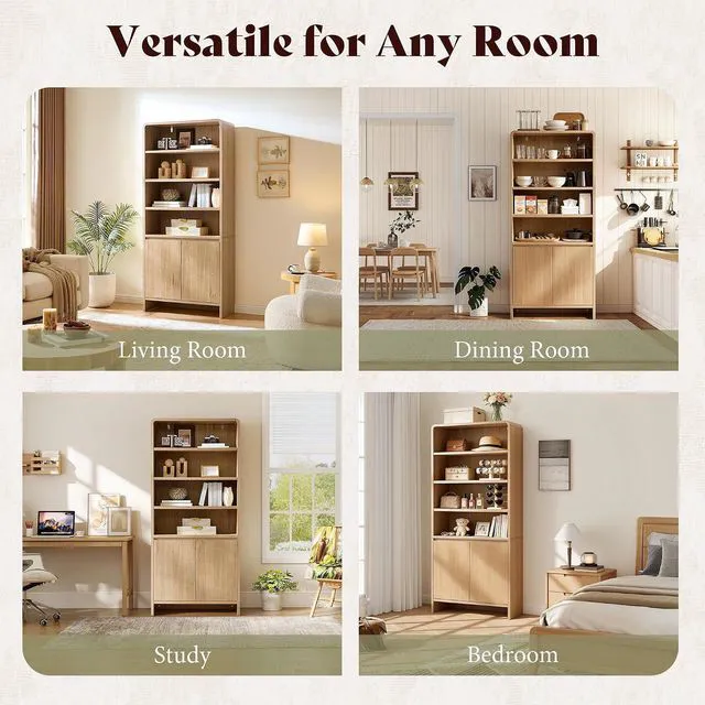 Alt view image 5 of 7 - 71" Modern Bookcase Set of 2 with Storage Cabinets, Nature Oak | 2 Pieces Bookshelf Set, Storage Cabinets with Adjustable Shelves, Curved Design, Ideal for Living Room, Bedroom, Home Office