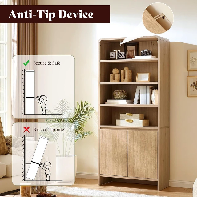Alt view image 6 of 7 - 71" Modern Bookcase Set of 2 with Storage Cabinets, Nature Oak | 2 Pieces Bookshelf Set, Storage Cabinets with Adjustable Shelves, Curved Design, Ideal for Living Room, Bedroom, Home Office