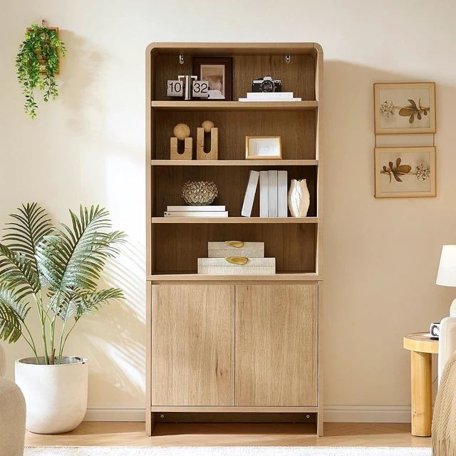 Alt view image 6 of 7 - 71" Modern Wood Bookcase with Storage Cabinets, Nature Oak | 6 Tier Bookshelf, Large Space, Adjustable Shelves, Curved Design, Ideal for Living Room, Bedroom, Home Office, Easy Assembly