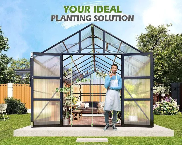 Alt view image 3 of 7 - 10x12 FT Heavy Duty Aluminum Greenhouse with 4 Roof Vents & Rain Gutter, Polycarbonate Greenhouse for Outdoor Garden Backyard, Black