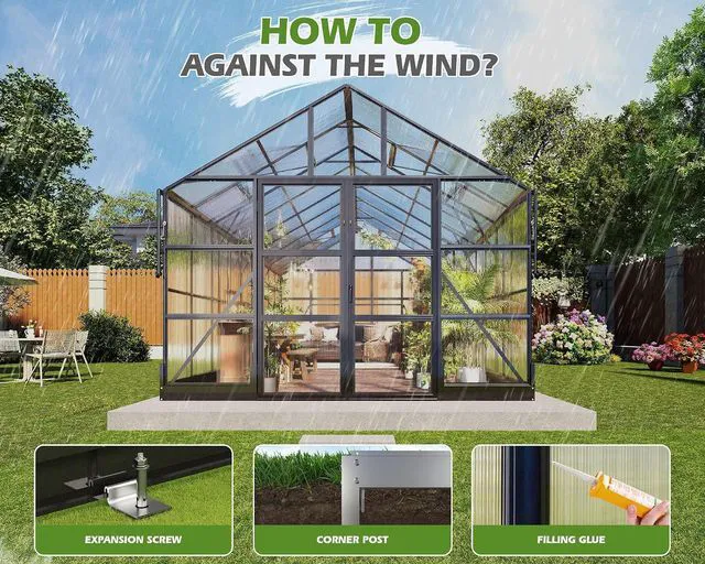 Alt view image 4 of 7 - 10x12 FT Heavy Duty Aluminum Greenhouse with 4 Roof Vents & Rain Gutter, Polycarbonate Greenhouse for Outdoor Garden Backyard, Black