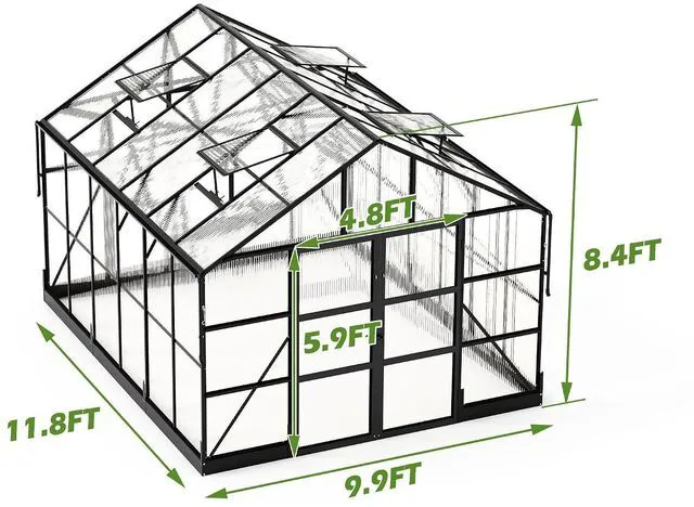 Alt view image 7 of 7 - 10x12 FT Heavy Duty Aluminum Greenhouse with 4 Roof Vents & Rain Gutter, Polycarbonate Greenhouse for Outdoor Garden Backyard, Black
