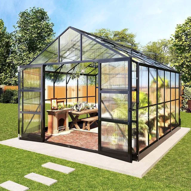 Main image of 10x12 FT Heavy Duty Aluminum Greenhouse with 4 Roof Vents & Rain Gutter, Polycarbonate Greenhouse for Outdoor Garden Backyard, Black