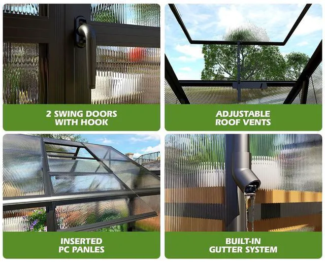 Alt view image 5 of 7 - 10x12 FT Heavy Duty Aluminum Greenhouse with 4 Roof Vents & Rain Gutter, Polycarbonate Greenhouse for Outdoor Garden Backyard, Black