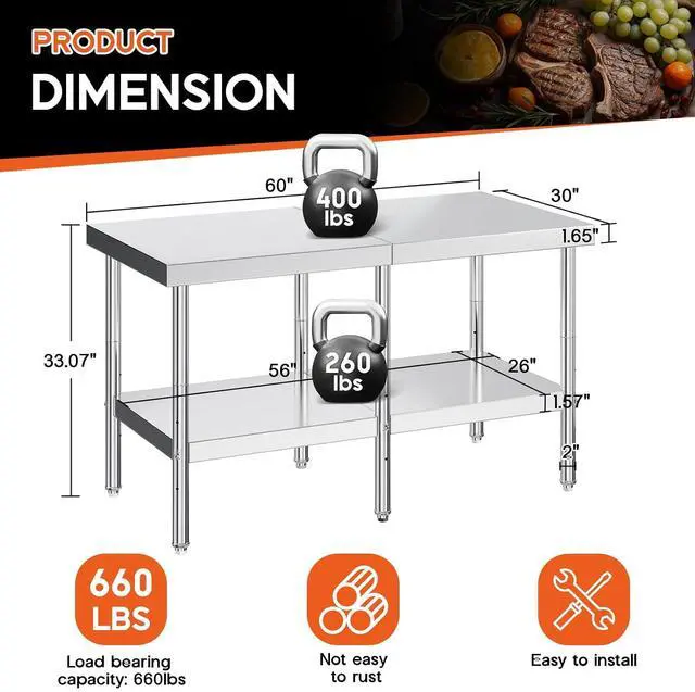 Alt view image 2 of 7 - 30x60in Stainless Steel Table, Kitchen Prep Table with Adjustable Undershelf, Food-Grade Stainless Steel Metal Surface for Home Kitchen, Restaurant, Hotel, and Garage