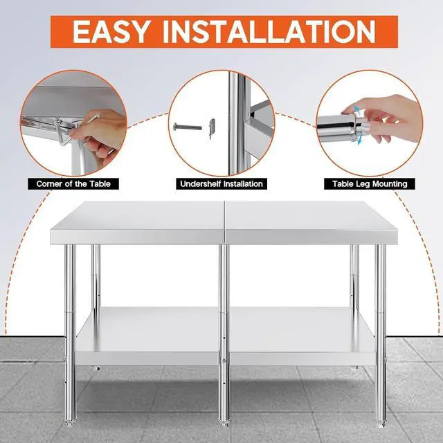 Alt view image 6 of 7 - 30x60in Stainless Steel Table, Kitchen Prep Table with Adjustable Undershelf, Food-Grade Stainless Steel Metal Surface for Home Kitchen, Restaurant, Hotel, and Garage