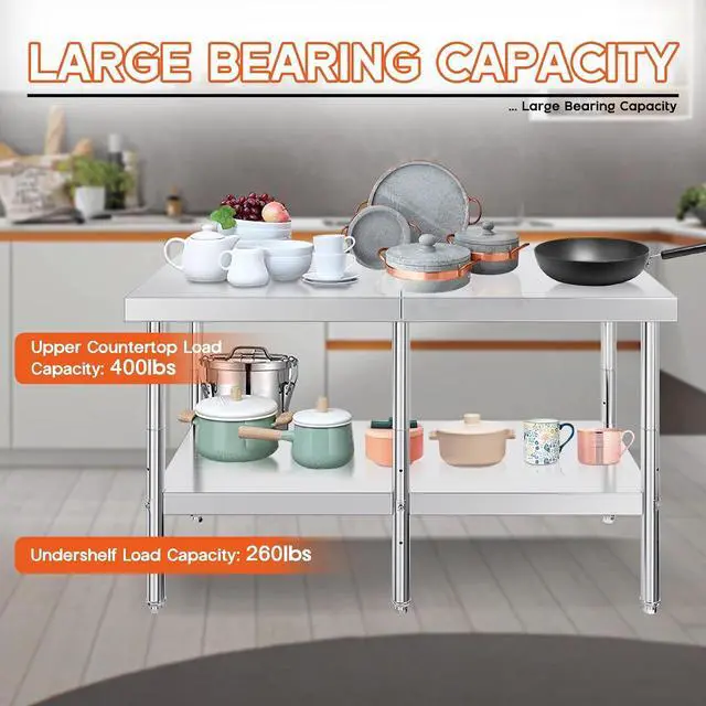 Alt view image 5 of 7 - 30x60in Stainless Steel Table, Kitchen Prep Table with Adjustable Undershelf, Food-Grade Stainless Steel Metal Surface for Home Kitchen, Restaurant, Hotel, and Garage
