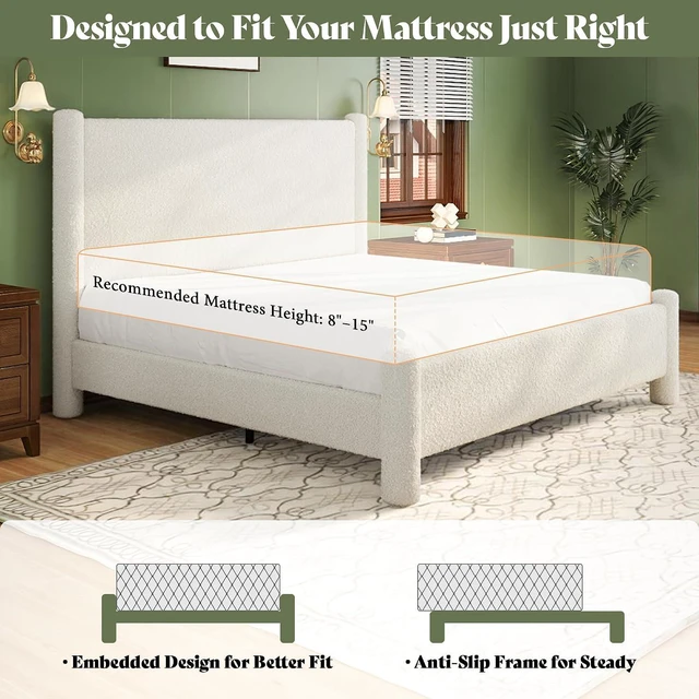 Alt view image 7 of 7 - Queen Boucle Cloud Upholstered Bed Frame with Cylinder Headboard, Modern Platform Structure, Sherpa Boucle Soft Design, No Box Spring Needed, White