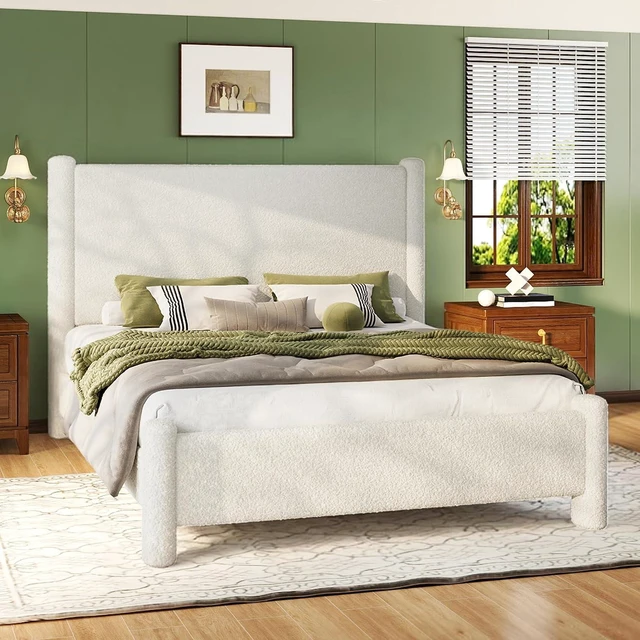 Main image of Queen Boucle Cloud Upholstered Bed Frame with Cylinder Headboard, Modern Platform Structure, Sherpa Boucle Soft Design, No Box Spring Needed, White