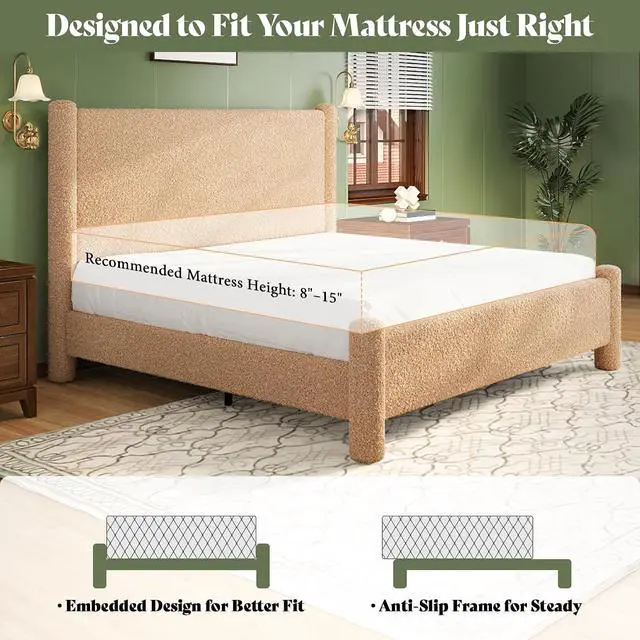 Alt view image 7 of 7 - King Boucle Cloud Upholstered Bed Frame with Cylinder Headboard, Modern Platform Structure, Sherpa Boucle Soft Design, No Box Spring Needed, Khaki