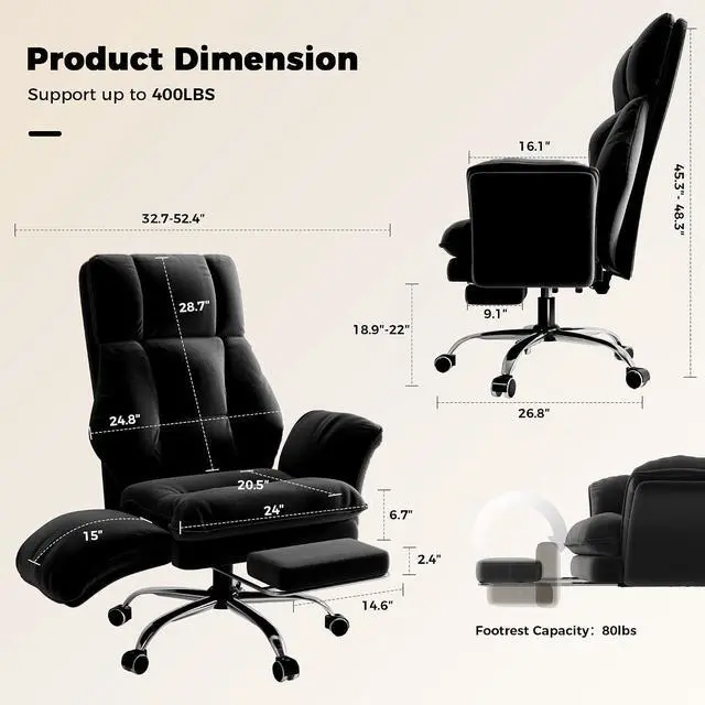 Alt view image 2 of 7 - Big and Tall Office Chair, Flip Armrests for Pets & Cross Legged Sitting, Executive Ergonomic Computer Gaming Chair with Foot Rest, Crystal Velvet Wide Seat Reclining Desk Chair