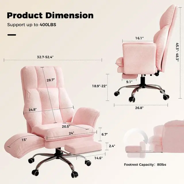 Alt view image 2 of 7 - Big and Tall Office Chair, Flip Armrests for Pets & Cross Legged Sitting, Executive Ergonomic Computer Gaming Chair with Foot Rest, Teddy Fleece Wide Seat Reclining Desk Chair, Pink