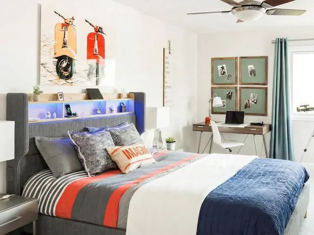 Alt view image 6 of 7 - Queen Size Boys Bed Frame with 51" Tall Headboard, LED Lights & Charging Station, Corduroy Upholstered Platform Bed with Storage Shelf, No Box Spring Needed, Grey