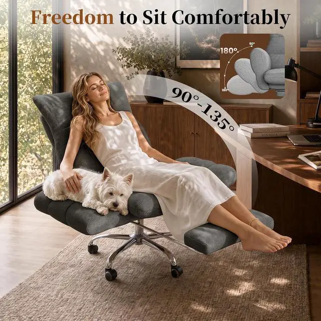 Alt view image 3 of 7 - Cross Legged Office Chair, Cloud Desk Chair with Flip-Up Arm Rests, Foot Rest, Wide Seat, Comfy Executive Ergonomic Computer Gaming Chair, Gray
