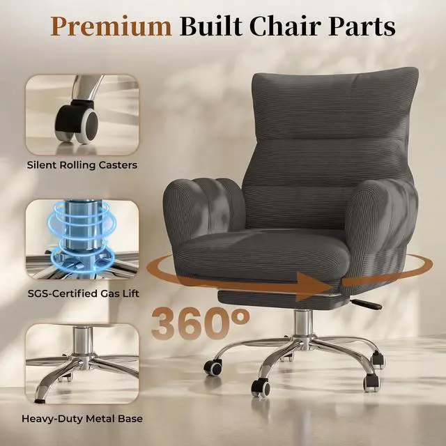 Alt view image 5 of 7 - Cross Legged Office Chair, Cloud Desk Chair with Flip-Up Arm Rests, Foot Rest, Wide Seat, Comfy Executive Ergonomic Computer Gaming Chair, Gray