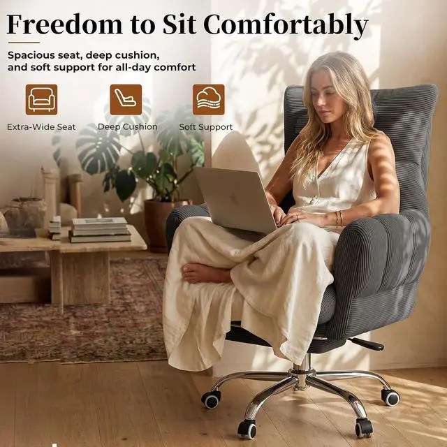 Alt view image 2 of 7 - Cross Legged Office Chair, Cloud Desk Chair with Flip-Up Arm Rests, Foot Rest, Wide Seat, Comfy Executive Ergonomic Computer Gaming Chair, Gray