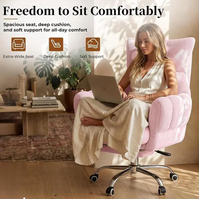 Alt view image 3 of 7 - Cross Legged Office Chair, Cloud Desk Chair with Flip-Up Arm Rests, Foot Rest, Wide Seat, Comfy Executive Ergonomic Computer Gaming Chair, Pink