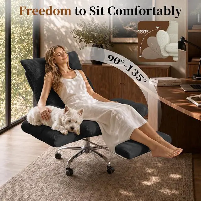Alt view image 3 of 7 - Cross Legged Office Chair, Cloud Desk Chair with Flip-Up Arm Rests, Foot Rest, Wide Seat, Comfy Executive Ergonomic Computer Gaming Chair, Black
