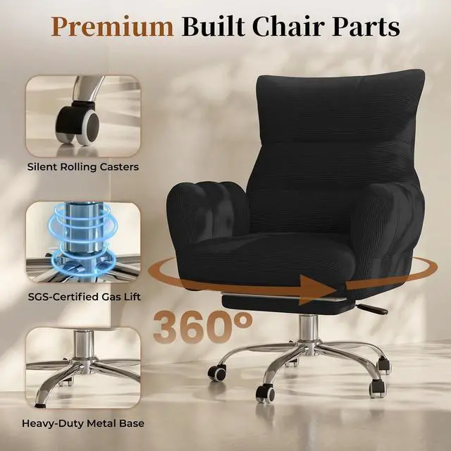 Alt view image 5 of 7 - Cross Legged Office Chair, Cloud Desk Chair with Flip-Up Arm Rests, Foot Rest, Wide Seat, Comfy Executive Ergonomic Computer Gaming Chair, Black