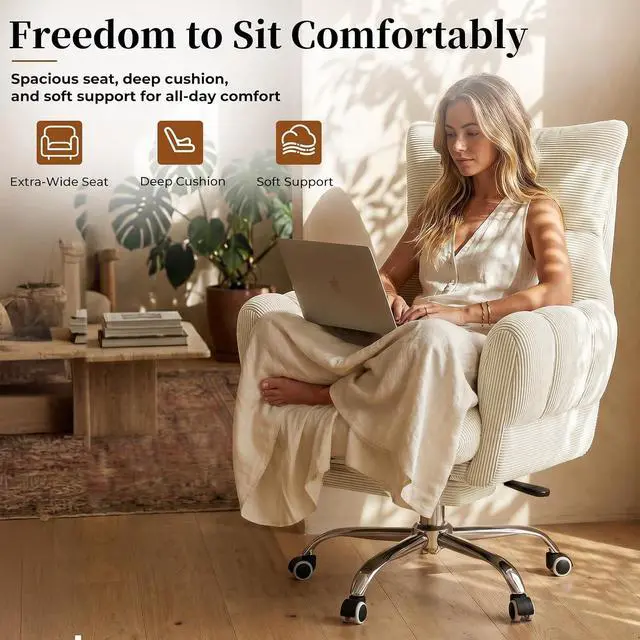 Alt view image 3 of 7 - Cross Legged Office Chair, Cloud Desk Chair with Flip-Up Arm Rests, Foot Rest, Wide Seat, Comfy Executive Ergonomic Computer Gaming Chair, Beige