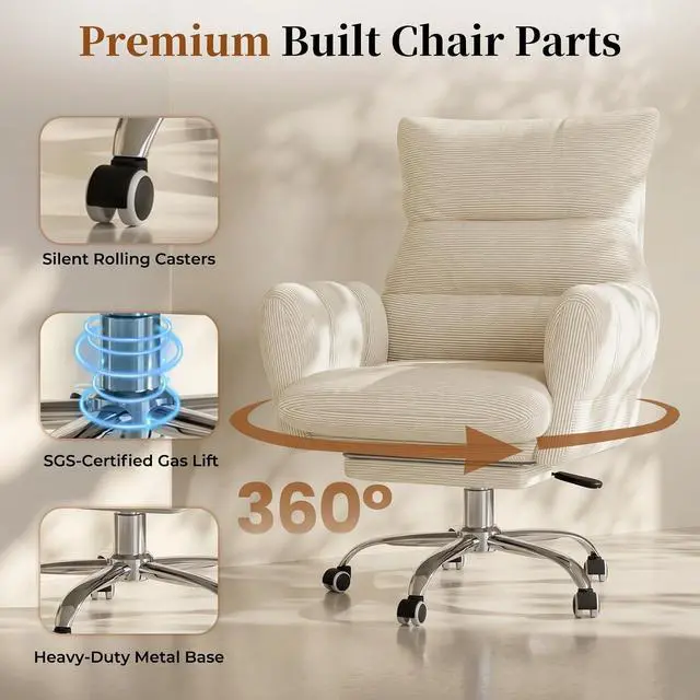Alt view image 6 of 7 - Cross Legged Office Chair, Cloud Desk Chair with Flip-Up Arm Rests, Foot Rest, Wide Seat, Comfy Executive Ergonomic Computer Gaming Chair, Beige