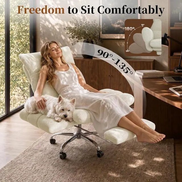 Alt view image 4 of 7 - Cross Legged Office Chair, Cloud Desk Chair with Flip-Up Arm Rests, Foot Rest, Wide Seat, Comfy Executive Ergonomic Computer Gaming Chair, Beige