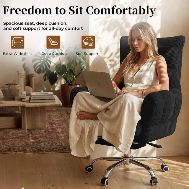Alt view image 2 of 7 - Cross Legged Office Chair, Cloud Desk Chair with Flip-Up Arm Rests, Foot Rest, Wide Seat, Comfy Executive Ergonomic Computer Gaming Chair, Black