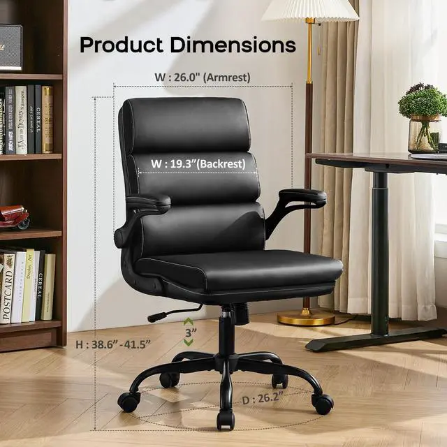 Alt view image 2 of 7 - Office Chair Adjustable Desk Chair Mid Back Executive Comfortable Bonded Leather Ergonomic Back Support Home Computer Chair with Padded Flip-up Armrest Swivel Wheels (Black)