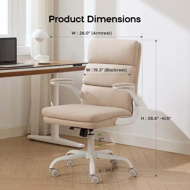 Alt view image 2 of 6 - amseatec Office Chair Adjustable Desk Chair Mid Back Executive Comfortable Fabric Ergonomic Back Support Home Computer Chair with Padded Flip-up Armrest Swivel Wheels (Beige)