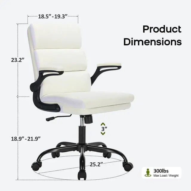 Alt view image 2 of 7 - Office Chair Adjustable Desk Chair Mid Back Executive Comfortable Bonded Leather Ergonomic Back Support Home Computer Chair with Padded Flip-up Armrest Swivel Wheels (White)