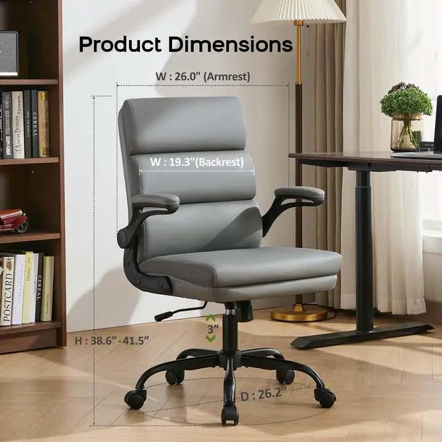 Alt view image 7 of 7 - Office Chair Adjustable Desk Chair Mid Back Executive Comfortable Bonded Leather Ergonomic Back Support Home Computer Chair with Padded Flip-up Armrest Swivel Wheels (Gray)