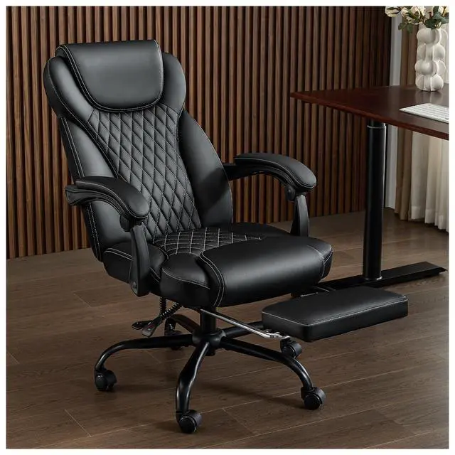 Alt view image 2 of 7 - amseatec Big and Tall Office Chair with Footrest, Ergonomic Leather High Back Computer Chair Infinite Lock Reclining 90°-135°,20 Spring Packs,300lbs Executive Desk Chair for Home OfficeBlack