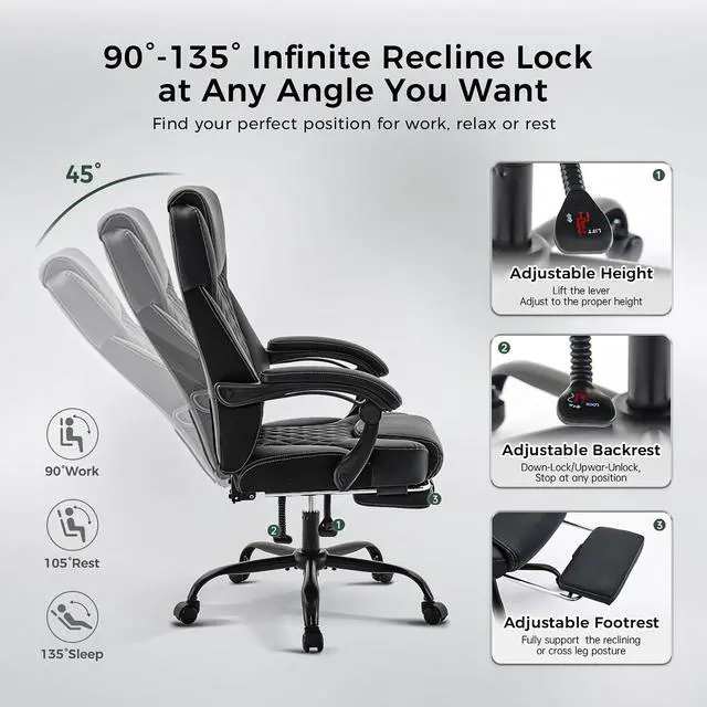 Alt view image 7 of 7 - amseatec Big and Tall Office Chair with Footrest, Ergonomic Leather High Back Computer Chair Infinite Lock Reclining 90°-135°,20 Spring Packs,300lbs Executive Desk Chair for Home OfficeBlack
