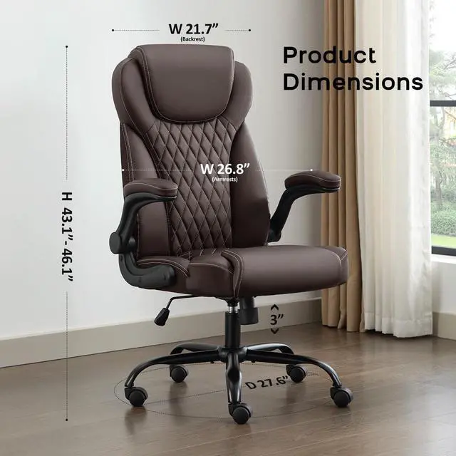 Alt view image 2 of 6 - amseatec Office Chair with Flip-Up Arms, Ergonomic PU Leather Executive Desk Chair with 90°Lock & Rocking Function, Lumbar Support Swivel Computer Chair for Home Office, Oversized 300lbs (Brown