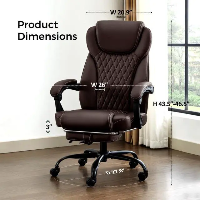 Alt view image 2 of 7 - amseatec Big and Tall Office Chair with Footrest, Ergonomic Leather High Back Computer Chair Infinite Lock Reclining 90°-135°,20 Spring Packs,300lbs Executive Desk Chair for Home OfficeBrown